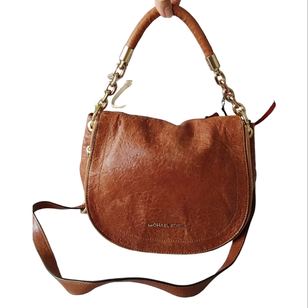 Michael Kors Cognac Distressed Leather Shoulder Crossbody Bag